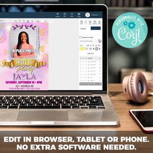 May include: A pink and purple digital invitation with gold glitter accents. The invitation features a photo placeholder, the text "Sweet 16 Party Jayla", and the date and time of the event. The invitation is designed for a 16th birthday party.