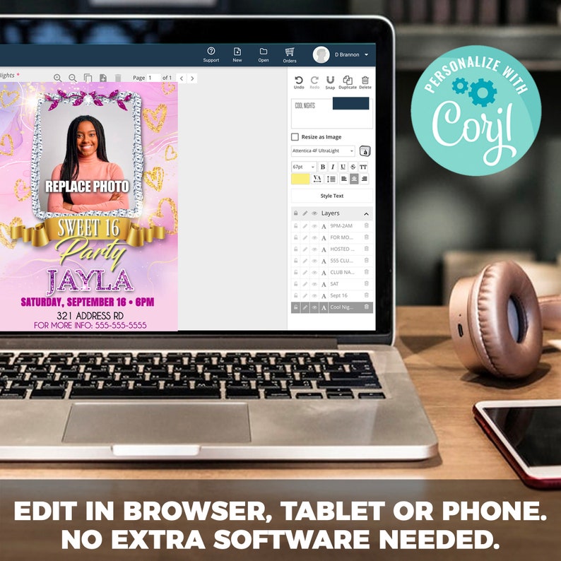 May include: A pink and purple digital invitation with gold glitter accents. The invitation features a photo placeholder, the text "Sweet 16 Party Jayla", and the date and time of the event. The invitation is designed for a 16th birthday party.