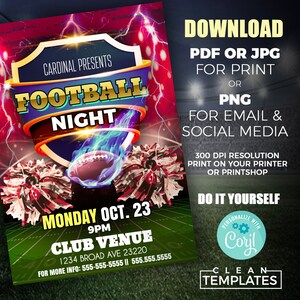 Op de afbeelding: Een printbare flyer voor een voetbalavond. De flyer is rood, geel en blauw met een voetbal, cheerleaders en bliksem. De tekst op de flyer luidt "Cardinal Presents Football Night", "Maandag 23 oktober, 21:00 uur", "Club Venue", "1234 Broad Ave 23220", "Voor meer informatie: 555-555-5555 || 555.555.5555", "Download PDF of JPG om te printen of PNG voor e-mail en sociale media", "300 DPI resolutie Print op uw printer of Printshop", "Doe het zelf", "Personaliseer met Coril", "Schone sjablonen".