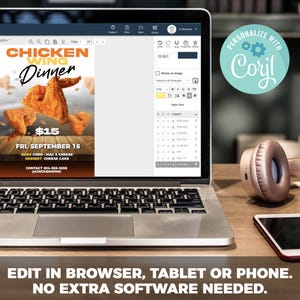 May include: A laptop computer screen displaying a graphic for a chicken wing dinner special. The graphic is yellow, red, and white with the text "CHICKEN WING DINNER" and "$15". The graphic also includes the date "FRI. SEPTEMBER 16" and the text "SIDES CORN - MAC & CHEESE DESSERT CHEESE CAKE". The laptop is on a wooden table with a smartphone and headphones.