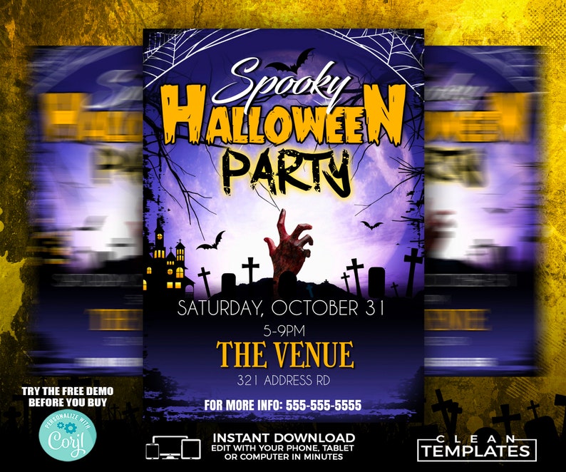 May include: A purple and black Halloween party invitation with a spooky graveyard scene, a zombie hand reaching out from the ground, and the text "Spooky Halloween Party" in yellow letters. The invitation includes the date, time, and location of the party.