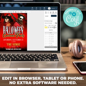 K&ouml;nnte beinhalten: Eine digitale Einladung zu einer Halloween-Kost&uuml;mparty. Die Einladung hat einen roten Hintergrund mit einem Totenkopf- und Knochen-Design. Der Text lautet "Halloween Costume Party" und enth&auml;lt das Datum, die Uhrzeit und den Ort der Veranstaltung. Die Einladung ist so konzipiert, dass sie online mit einem webbasierten Editor bearbeitet werden kann.