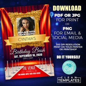 May include: A red and gold birthday party invitation with a red curtain backdrop and a gold frame. The invitation says "Cynthia's Birthday Bash" and includes the date and time of the party. The invitation also includes a place for a photo to be inserted.