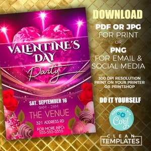 May include: A Valentine's Day party invitation with a pink diamond heart, red roses, and chocolate-covered strawberries. The invitation includes the date, time, and location of the party. It also includes the text "Download PDF or JPG for print or PNG for email & social media. 300 DPI resolution print on your printer or printshop. Do it yourself. Personalize with Coril. Clean Templates."
