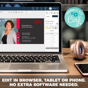 Puede incluir: Un ordenador port&aacute;til que muestra un sitio web con una tarjeta de visita de un agente inmobiliario. La tarjeta de visita tiene un esquema de color rojo y negro con una foto del agente, informaci&oacute;n de contacto y el texto "Irene Brown, Agente Inmobiliario". El sitio web se titula "Personalizar con Coril".