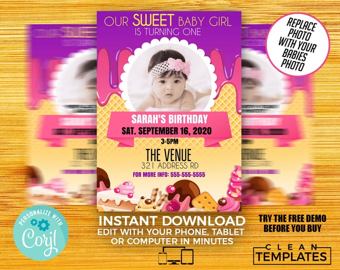 Sweet Baby Girl Turning 1 Birthday | Edit Online | 5X7 Digital & Printable | Do It Yourself | Corjl Template