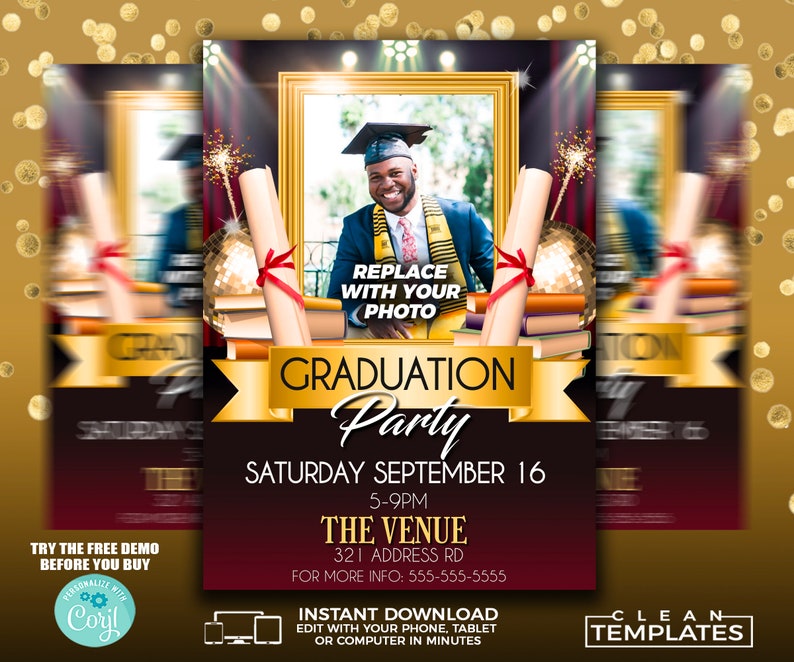 Op de afbeelding: Een flyer voor een afstudeerfeest met een goud- en bordeauxrood kleurenschema. De flyer toont een fotokader met de tekst "Replace with your photo". Het bevat de tekst "Graduation Party" en evenementdetails.