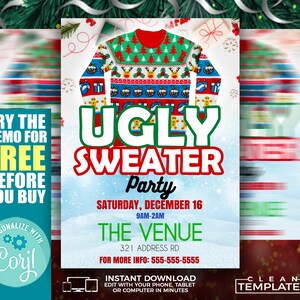 May include: A festive invitation for an Ugly Sweater Party on Saturday, December 16th, from 9 AM to 2 AM. The party will be held at The Venue, located at 321 Address Rd. The invitation features a colorful, patterned ugly Christmas sweater with a snowman, reindeer, and other holiday motifs. The text "TRY THE DEMO FOR FREE BEFORE YOU BUY" is also included.