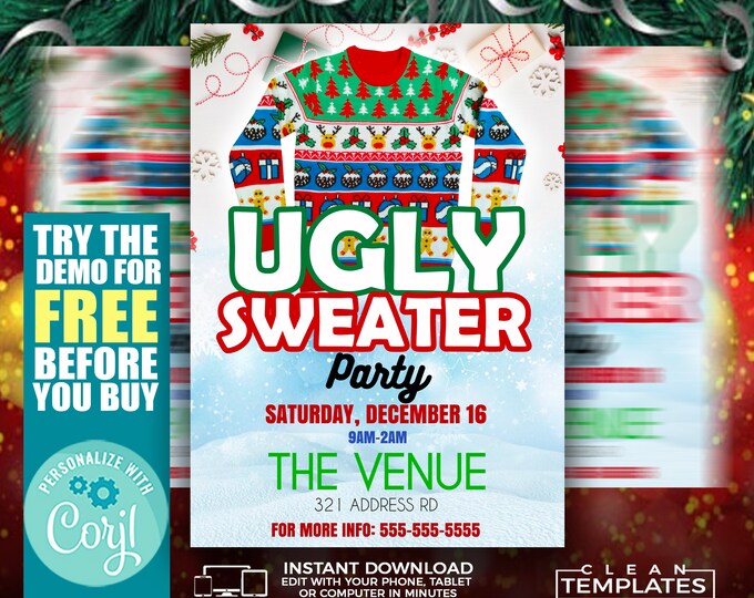 Ugly Sweater Christmas Paerty | Edit Online | 5X7 Digital & Printable | Do It Yourself | Corjl Template