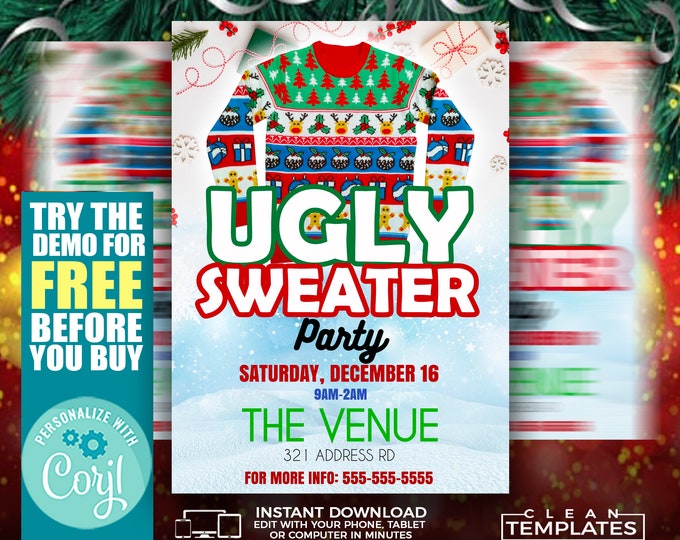 Ugly Sweater Christmas Paerty | Edit Online | 5X7 Digital & Printable | Do It Yourself | Corjl Template