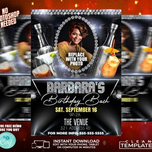 May include: Black and silver birthday party invitation with a photo placeholder, text that says "Barbara's Birthday Bash", and the date "Sat. September 16".