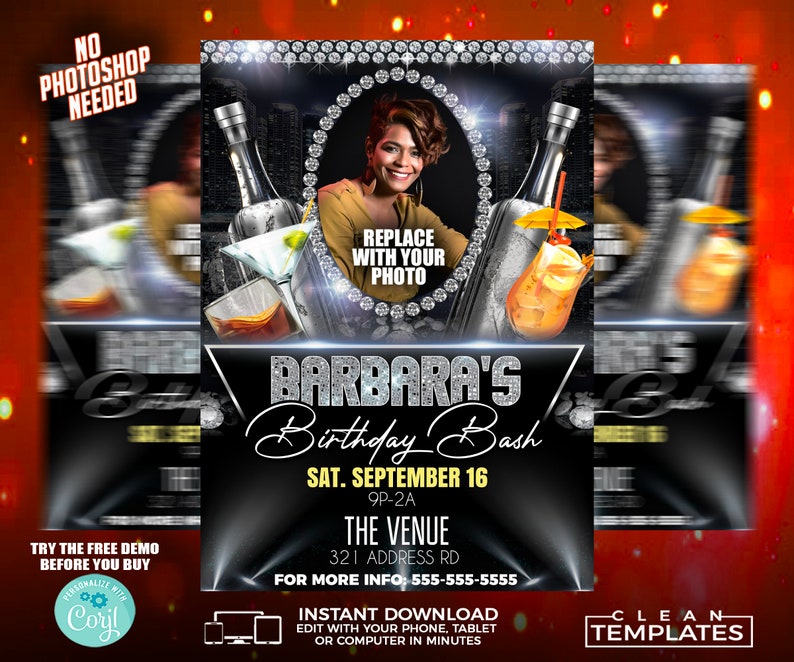 May include: Black and silver birthday party invitation with a photo placeholder, text that says "Barbara's Birthday Bash", and the date "Sat. September 16".