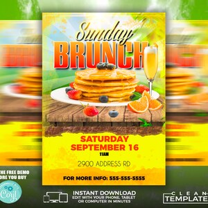 May include: A yellow and orange flyer with a picture of a stack of pancakes with syrup, strawberries, blueberries, and orange slices. The text on the flyer says "Sunday Brunch", "Saturday September 16", "11AM", "2900 Address Rd", "For More Info: 555-555-5555", "Instant Download", "Edit with your phone, tablet or computer in minutes", and "Clean Templates".
