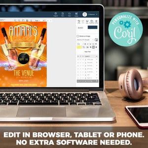 May include: A digital flyer for a birthday bash with a gold and orange color scheme. The flyer features a champagne bottle and the text "Amari's Birthday Bash" and "Sat Sept 16".