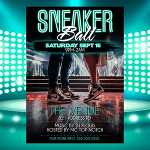 Puede incluir: Un folleto para un Sneaker Ball que se celebrar&aacute; el s&aacute;bado 16 de septiembre de 9 pm a 2 am. El folleto presenta a una pareja bailando con sus zapatillas a la vista. El evento est&aacute; organizado por DJ Flows y MC Top Notch. El lugar se encuentra en 321 Address Rd. Para obtener m&aacute;s informaci&oacute;n, llame al 555-555-5555.