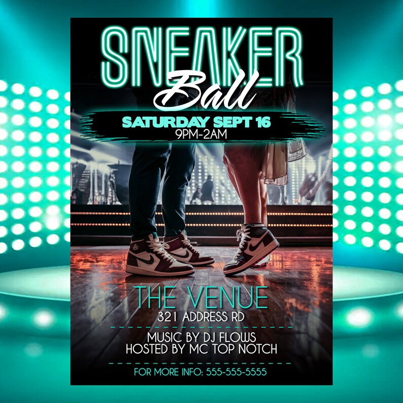 Puede incluir: Un folleto para un Sneaker Ball que se celebrar&aacute; el s&aacute;bado 16 de septiembre de 9 pm a 2 am. El folleto presenta a una pareja bailando con sus zapatillas a la vista. El evento est&aacute; organizado por DJ Flows y MC Top Notch. El lugar se encuentra en 321 Address Rd. Para obtener m&aacute;s informaci&oacute;n, llame al 555-555-5555.