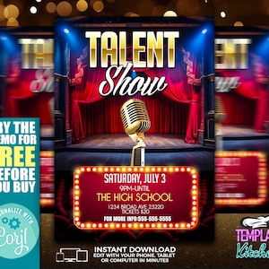 Op de afbeelding: Een promotieflyer voor een talentenjacht, met een podium met rode gordijnen en een gouden microfoon. De titel "TALENT Show" is in goud. De flyer bevat evenementdetails: datum, tijd, locatie en contactgegevens. De flyer bevat ook de tekst "Try the demo for free before you buy".