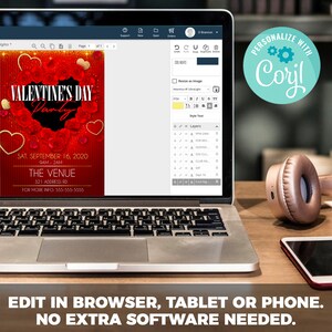 May include: A laptop computer screen displaying a Valentine's Day party invitation with red roses and gold hearts. The invitation includes the date, time, and location of the party. The text "PERSONALIZE WITH Corjl" is displayed on a blue circle with a gear icon.