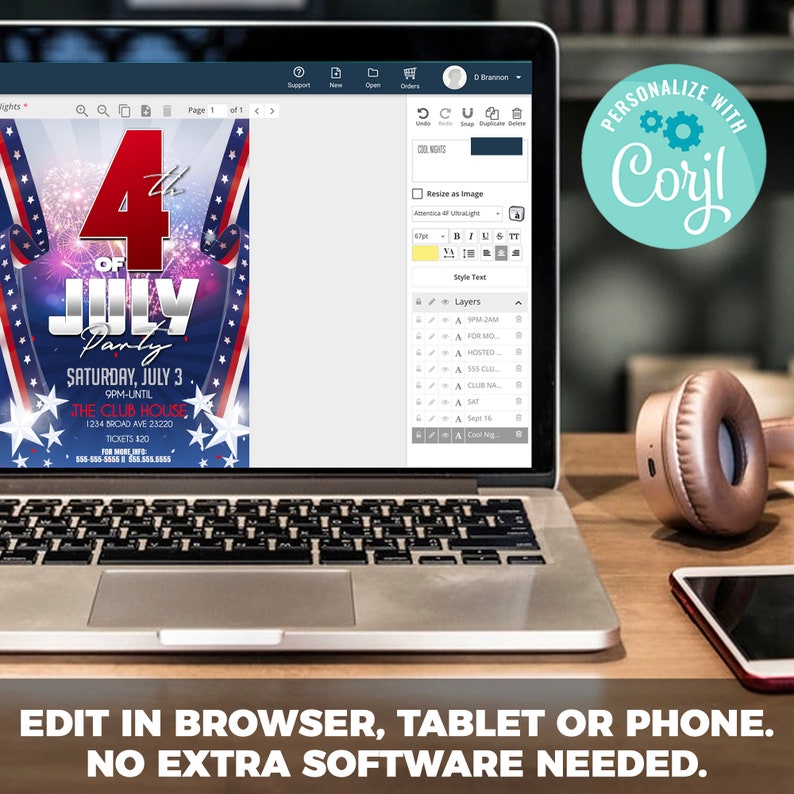 May include: A laptop displays a patriotic 4th of July party flyer with red, white, and blue colors, fireworks, and star accents. The text reads "4th of July Party" with event details. The image also includes the text "Edit in browser, tablet or phone. No extra software needed."