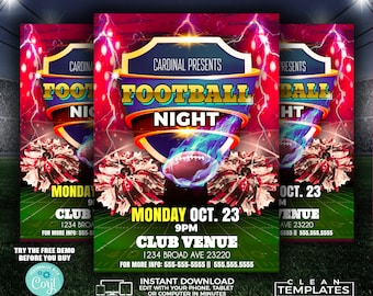Könnte beinhalten: Ein Flyer für eine Football-Nacht. Der Flyer zeigt einen rot-weiß-blauen Footballhelm mit einem Football im Hintergrund. Der Text auf dem Flyer lautet "Football Night" und enthält das Datum und die Uhrzeit der Veranstaltung. Der Flyer enthält auch den Namen des Veranstaltungsortes und Kontaktinformationen.