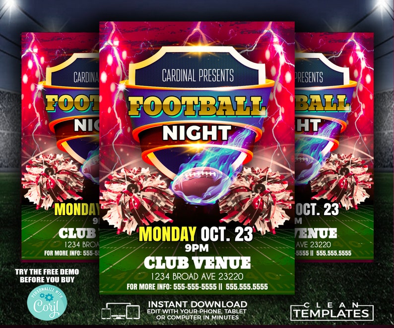 Op de afbeelding: Een flyer voor een voetbalavond. De flyer toont een rood-wit-blauwe voetbalhelm met een voetbal op de achtergrond. De tekst op de flyer luidt "Football Night" en bevat de datum en tijd van het evenement. De flyer bevat ook de naam van de locatie en contactgegevens.