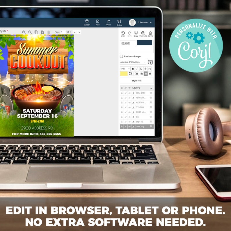 Puede incluir: Una computadora port&aacute;til con la pantalla mostrando un folleto para una barbacoa de verano. El folleto es un dise&ntilde;o colorido con una parrilla, comida y bebidas. El texto en el folleto dice "Summer Cookout", "Saturday September 16", "9PM-2AM", "2900 Address Rd", y "For More Info: 555-555-5555". La computadora port&aacute;til est&aacute; sobre una mesa de madera con unos auriculares y un tel&eacute;fono inteligente.