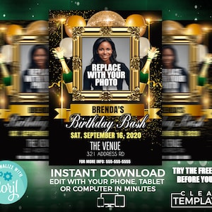 May include: A black and gold birthday party invitation with a photo frame, a disco ball, and champagne bottles. The text reads "Brenda's Birthday Bash" and "Sat. September 16, 2020".