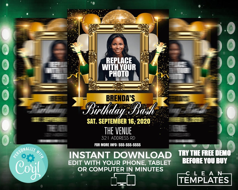 May include: A black and gold birthday party invitation with a photo frame, a disco ball, and champagne bottles. The text reads "Brenda's Birthday Bash" and "Sat. September 16, 2020".