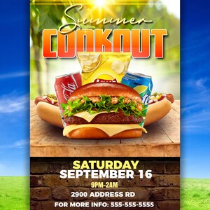 May include: A flyer advertising a summer cookout on Saturday, September 16th, from 9pm to 2am. The flyer features a burger, hot dogs, chips, and soda. The address is 2900 Address Rd. For more information, call 555-555-5555.