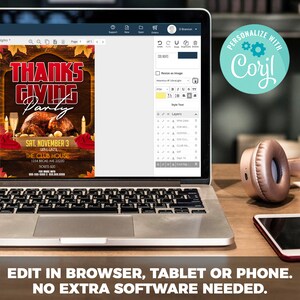 May include: A Thanksgiving party invitation with a red, white, and gold color scheme. The invitation features a roasted turkey, a glass of wine, and candles. The text on the invitation reads "Thanks Giving Party" and "Sat. November 3".