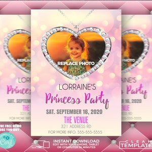 May include: A pink and white invitation with a sparkly heart-shaped locket with a photo of a young girl. The text reads "Lorraine's Princess Party" and "Sat. September 16, 2020".