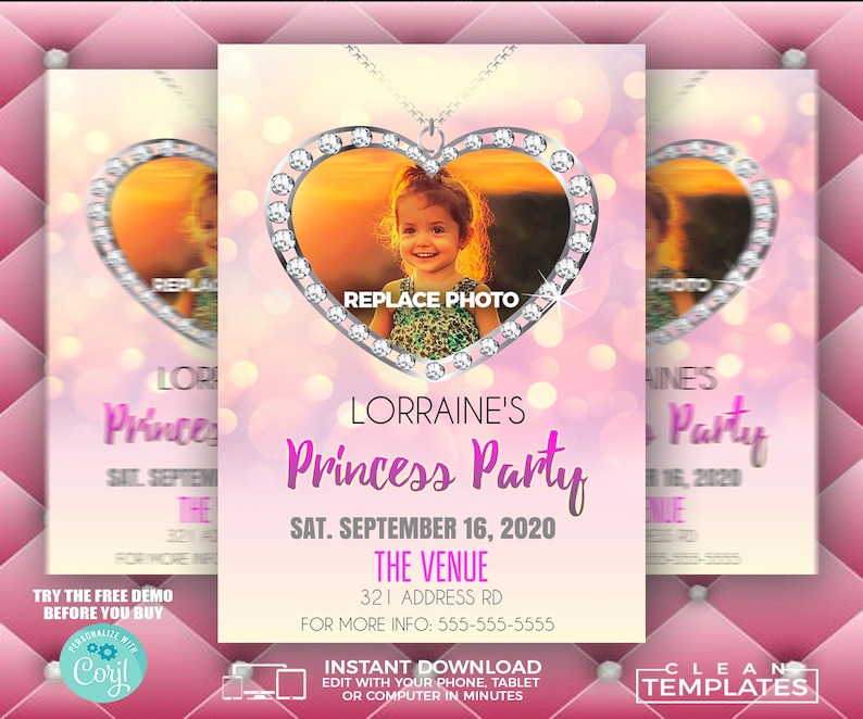 May include: A pink and white invitation with a sparkly heart-shaped locket with a photo of a young girl. The text reads "Lorraine's Princess Party" and "Sat. September 16, 2020".