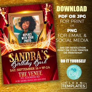 May include: A red and gold birthday party invitation with a photo placeholder. The invitation says "Sandra's Birthday Bash" and includes the date and time of the party. The invitation also includes the venue name and address, as well as a phone number for more information.