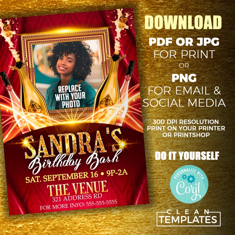 May include: A red and gold birthday party invitation with a photo placeholder. The invitation says "Sandra's Birthday Bash" and includes the date and time of the party. The invitation also includes the venue name and address, as well as a phone number for more information.