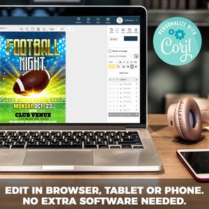 K&ouml;nnte beinhalten: Ein Computerbildschirm zeigt eine anpassbare Fu&szlig;ballparty-Einladungsvorlage mit dem Text "Football Night" und "Monday Oct. 23, 9PM, Club Venue, 1234 Broad Ave 23220" auf einem gr&uuml;n-blauen Hintergrund. Der Text "Personalize with Corjl" wird in einem blauen Kreis mit einem Zahnrad-Symbol angezeigt.