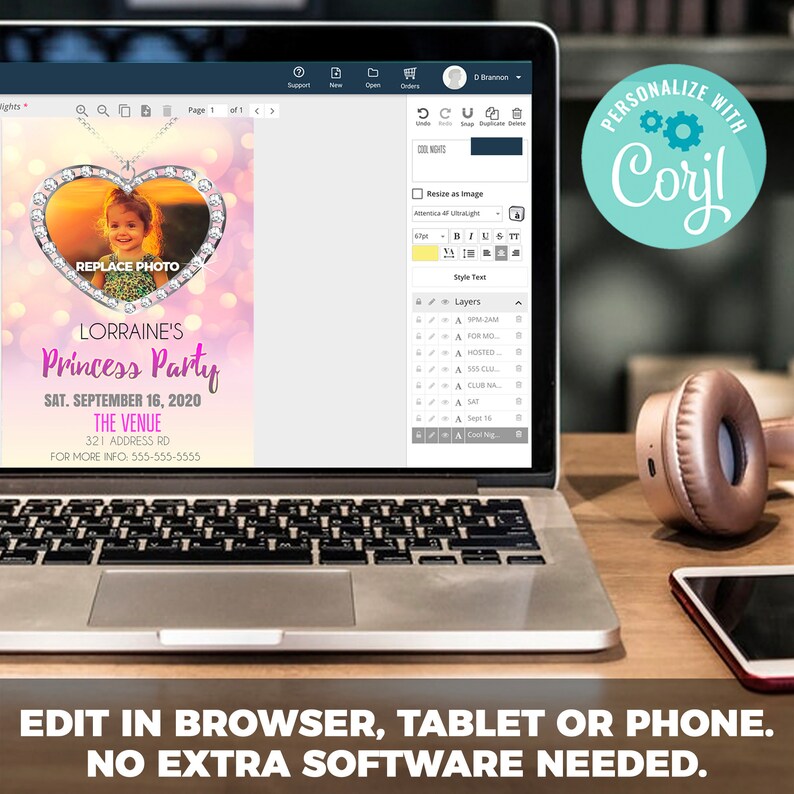 May include: A pink and purple princess party invitation with a heart-shaped photo frame with a girl's picture in it. The text reads "Lorraine's Princess Party" and "Sat. September 16, 2020". The venue is listed as "The Venue, 321 Address Rd". The invitation also includes a phone number for more information.