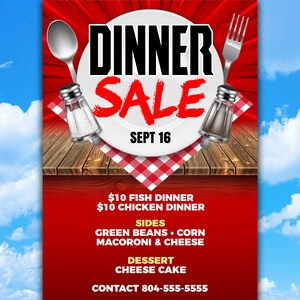 Puede incluir: Un cartel rojo y blanco con un plato blanco y las palabras "Dinner Sale" en rojo y negro. El texto tambi&eacute;n incluye "Sept 16", "10&euro; Fish Dinner", "10&euro; Chicken Dinner", "Sides: Green Beans, Corn, Macaroni & Cheese", "Dessert: Cheese Cake", y "Contact 804-555-5555".