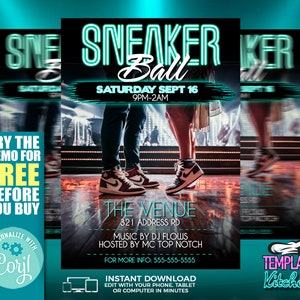 Puede incluir: Un folleto para un evento Sneaker Ball el s&aacute;bado 16 de septiembre de 9 pm a 2 am. El folleto presenta una pareja bailando en primer plano, con un texto superpuesto en verde ne&oacute;n que dice "Sneaker Ball". El folleto tambi&eacute;n incluye la ubicaci&oacute;n del evento, m&uacute;sica de DJ Flows, presentado por MC Top Notch, e informaci&oacute;n de contacto.