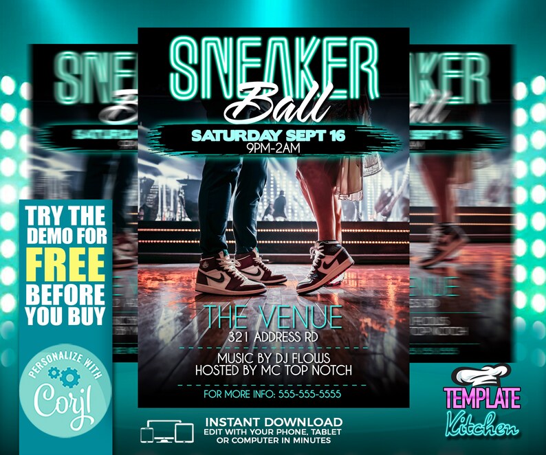 Puede incluir: Un folleto para un evento Sneaker Ball el s&aacute;bado 16 de septiembre de 9 pm a 2 am. El folleto presenta una pareja bailando en primer plano, con un texto superpuesto en verde ne&oacute;n que dice "Sneaker Ball". El folleto tambi&eacute;n incluye la ubicaci&oacute;n del evento, m&uacute;sica de DJ Flows, presentado por MC Top Notch, e informaci&oacute;n de contacto.