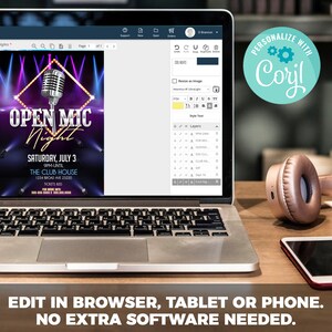 May include: A flyer for an open mic night at The Club House on Saturday, July 3rd from 9pm until closing. The flyer features a microphone with neon lights and the text "Open Mic Night".