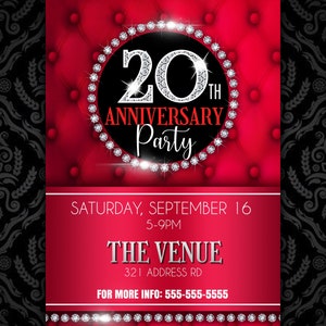 May include: A red and black invitation with a diamond-encrusted 20th anniversary party logo. The invitation includes the date, time, location, and contact information.