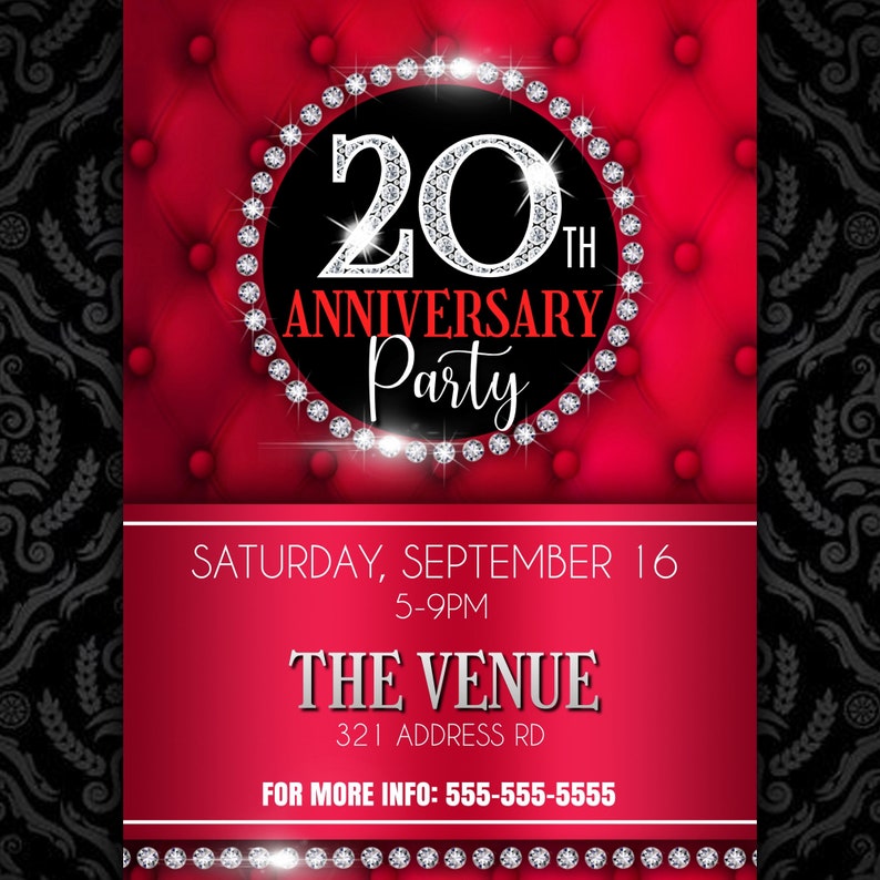 May include: A red and black invitation with a diamond-encrusted 20th anniversary party logo. The invitation includes the date, time, location, and contact information.