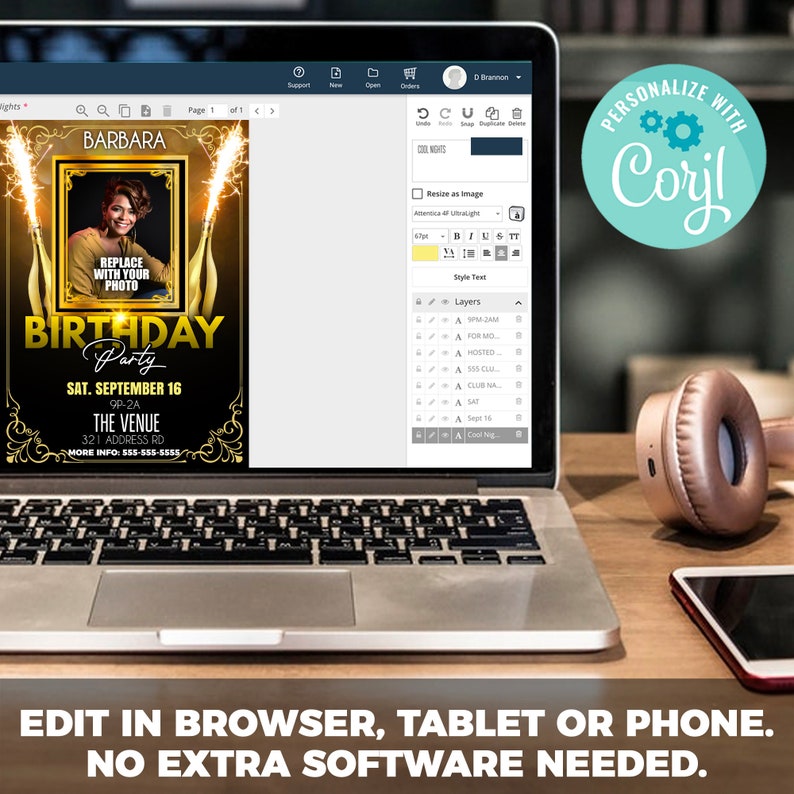 May include: A customizable birthday party invitation template with a gold and black color scheme. The template features a photo placeholder, text for the birthday person's name, the date and time of the party, and the venue. The text "PERSONALIZE WITH CORYL" is displayed in a circle with a gear icon.