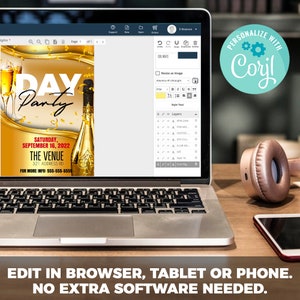 Puede incluir: Una pantalla de computadora port&aacute;til que muestra una invitaci&oacute;n digital para una fiesta de d&iacute;a. La invitaci&oacute;n presenta un fondo dorado con una botella de champ&aacute;n y vasos. El texto de la invitaci&oacute;n dice "Day Party", "S&aacute;bado 16 de septiembre de 2022", "The Venue" y "321 Address Rd". La invitaci&oacute;n tambi&eacute;n incluye un n&uacute;mero de tel&eacute;fono para obtener m&aacute;s informaci&oacute;n. La computadora port&aacute;til est&aacute; sobre una mesa de madera con unos auriculares y un tel&eacute;fono inteligente.