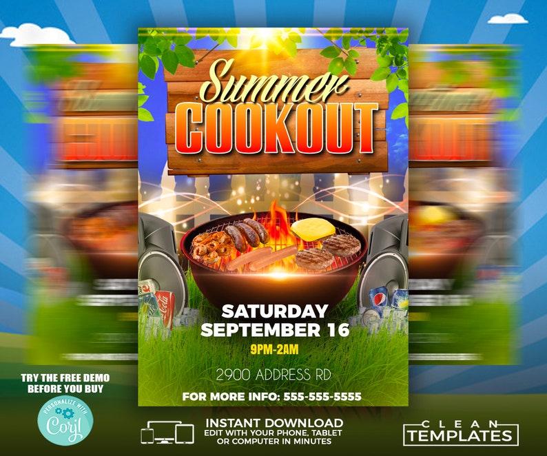 Puede incluir: Un folleto para una barbacoa de verano el s&aacute;bado 16 de septiembre de 9 pm a 2 am. El folleto presenta una parrilla con comida, altavoces y un letrero de madera que dice "Summer Cookout".