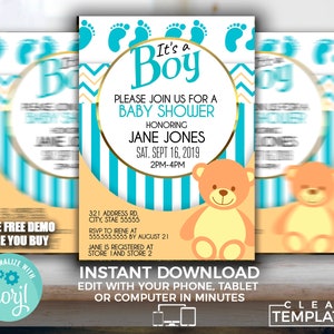May include: Baby shower invitation with a teddy bear illustration. The invitation features the text "It's a Boy" in blue, along with event details. The design includes blue and gold accents, and a striped background.