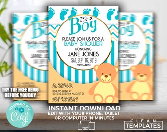 Teddy Bear Baby Shower Invitation Template: 5x7 Printable (Digital)