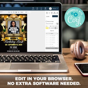 May include: A gold and black birthday party invitation with a photo frame in the center. The text reads "Brenda's Birthday Bash" and "Sat. September 16, 2020". The invitation is designed with a gold and black color scheme and features a disco ball and champagne bottle graphics.