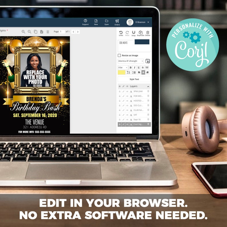 May include: A gold and black birthday party invitation with a photo frame in the center. The text reads "Brenda's Birthday Bash" and "Sat. September 16, 2020". The invitation is designed with a gold and black color scheme and features a disco ball and champagne bottle graphics.