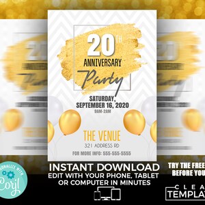 May include: A white and gold invitation with a gold brush stroke design. The text reads "20th Anniversary Party" with the date "Saturday, September 16, 2020" and the time "9AM-2AM". The invitation also includes the venue, address, and contact information. The invitation is personalized with the text "Personalize with Coryl".
